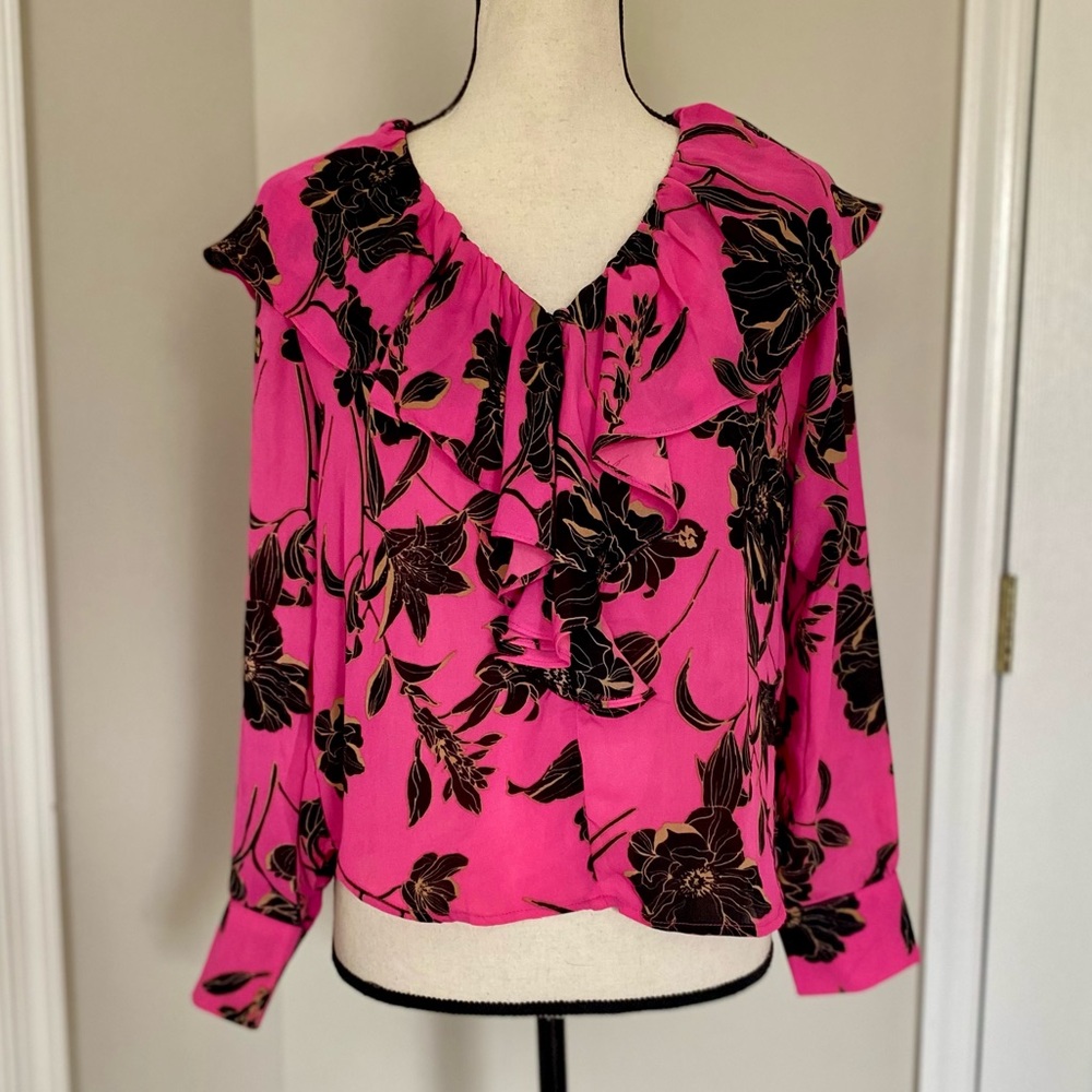 VICI HOT PINK FLORAL V NECK RUFFLED BLOUSE TOP